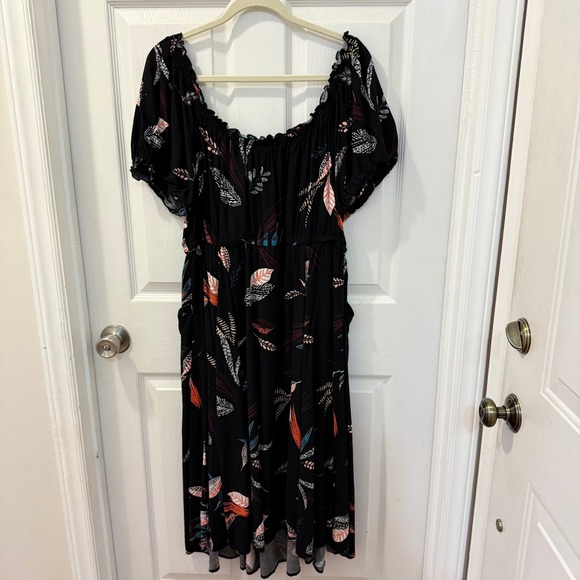 Torrid Midi Challis Puff Sleeve Dress Sz 2x Black Boho‎ Feathers Off Shoulder - Picture 7 of 9
